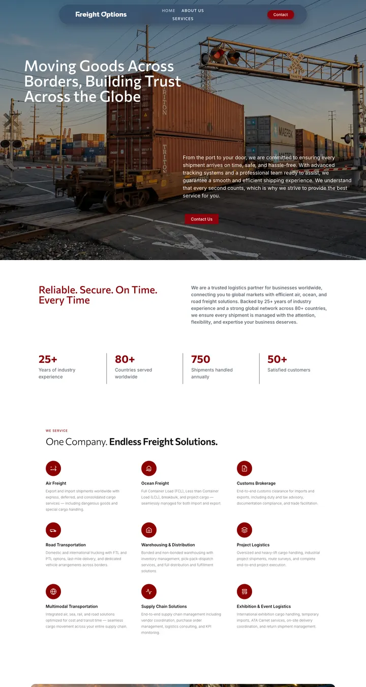freightoptions.in: the homepage further down, with the services and the five steps to send goods